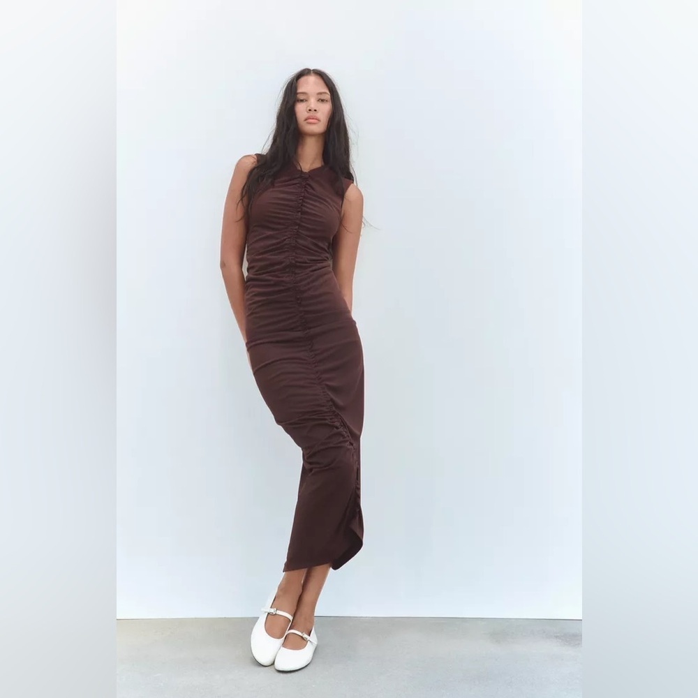 Zara long brown fitted dress midi bodycon evening cocktail casual - Picture 3 of 12